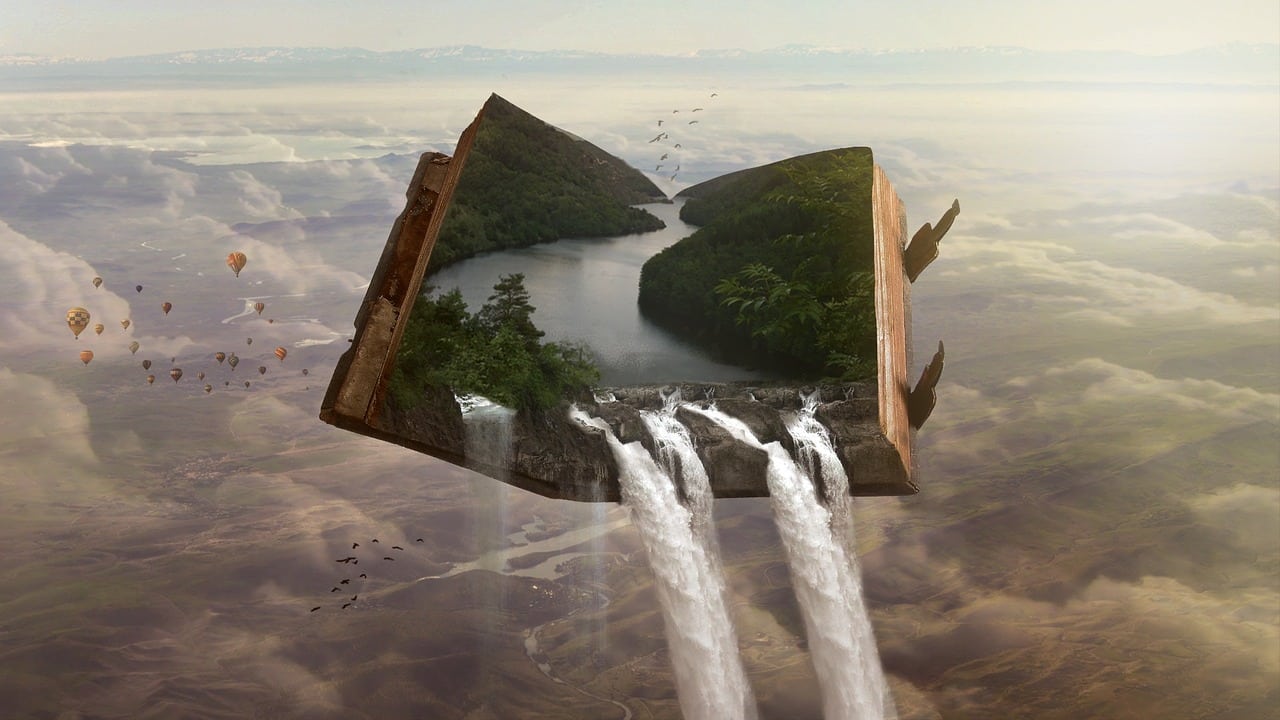 Flying book with waterfall, illustration for fantasy writing prompts article